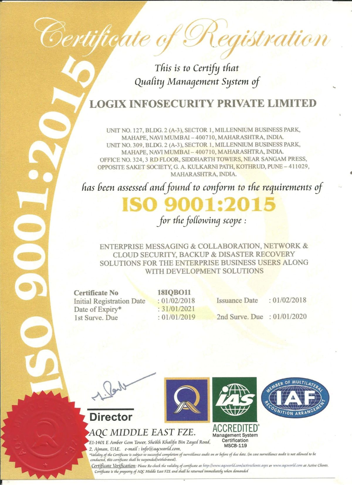 Logix Infosecurity Achieves ISO 9001:2015 Certification